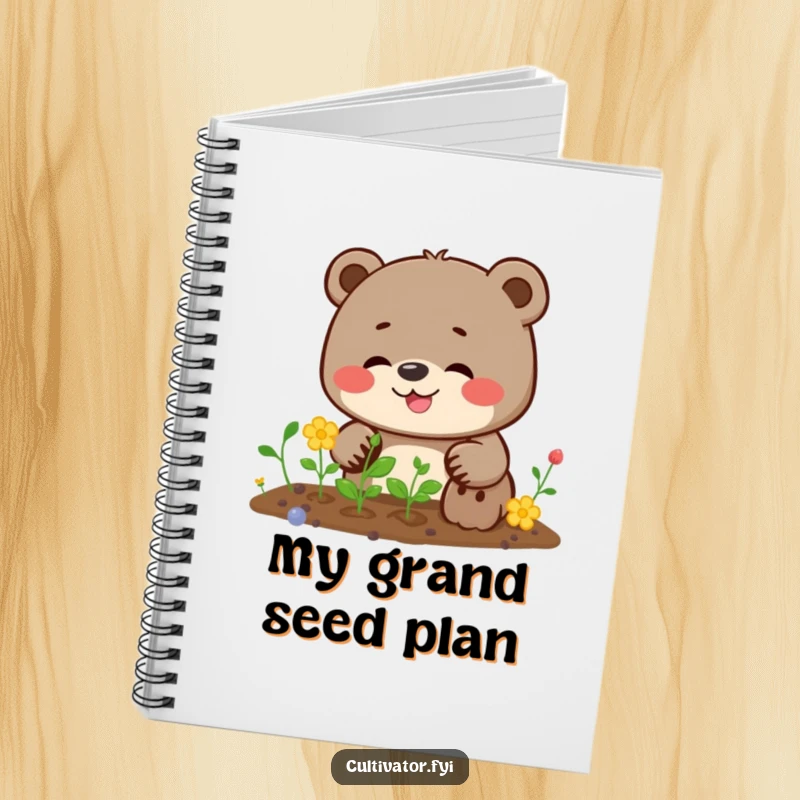 Funny bear notebook cover featuring a giggling bear determinedly planting seeds, designed for notes and creative expression.
