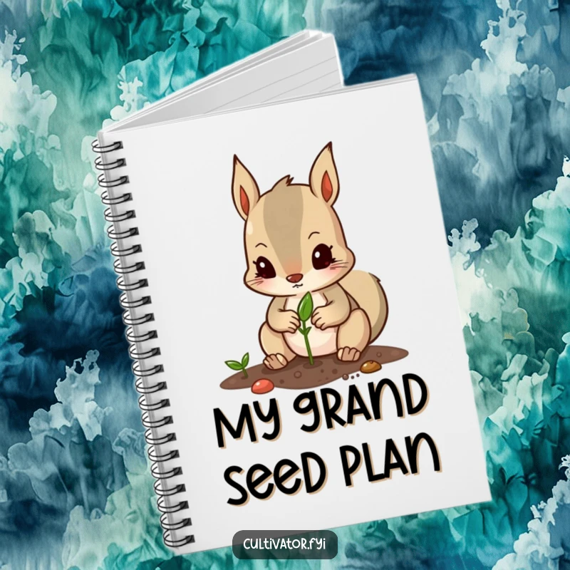 Funny notebook with a determined squirrel character carefully planting a seed with its tiny paws, ideal for garden logs.