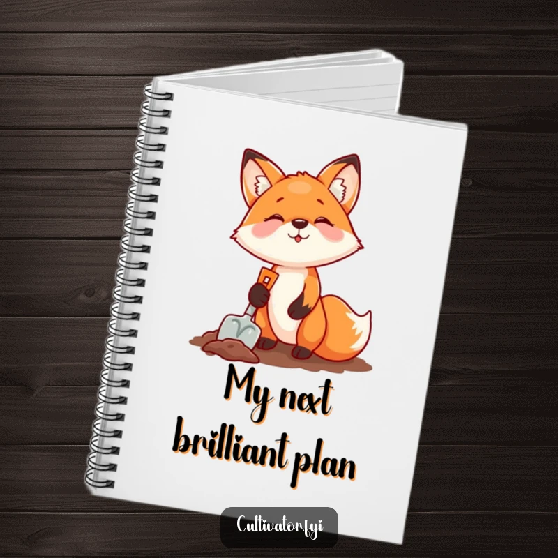 Funny fox digging with a shovel on a notebook, a bold and humorous tool for journaling adventurous ideas.