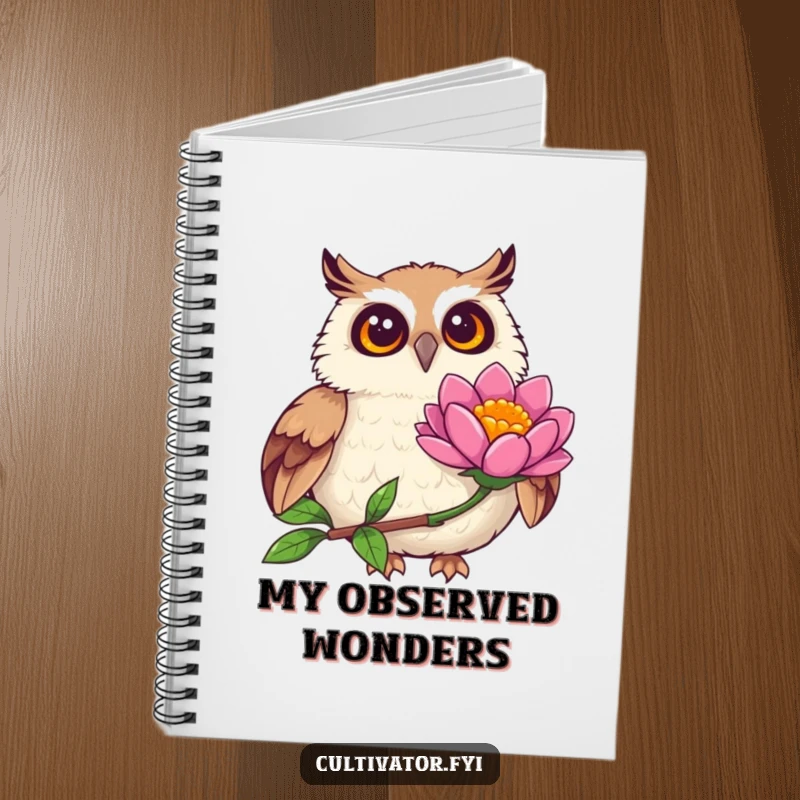 Funny joyful owl notebook, observing a vibrant flower bloom with wide eyes, perfect for jotting down thoughts with a touch of whimsy.