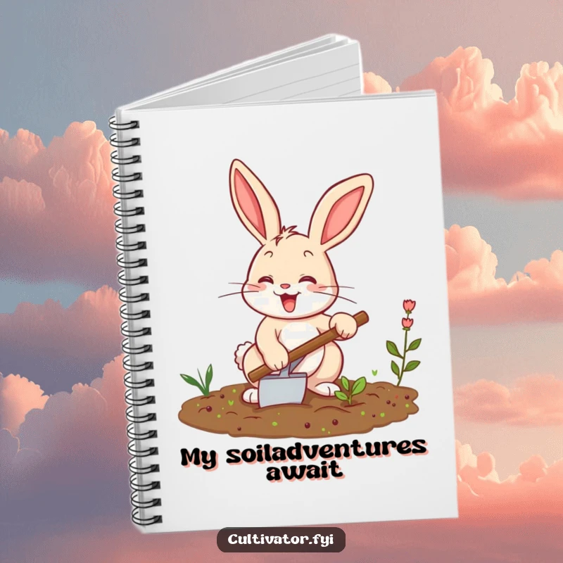 Funny bunny notebook, excitedly tilling a small garden patch with a trowel, perfect for jotting down ideas with a humorous twist.