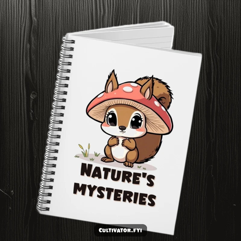 Funny notebook, curious squirrel examining a large mushroom cap with wide eyes, witty and inspiring for notes.