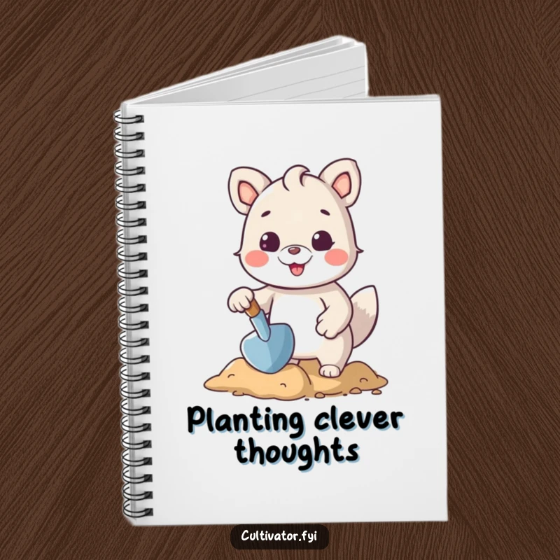 Funny notebook cover featuring a cheerful animal character using a small trowel to shape the earth, perfect for humorous note-taking.