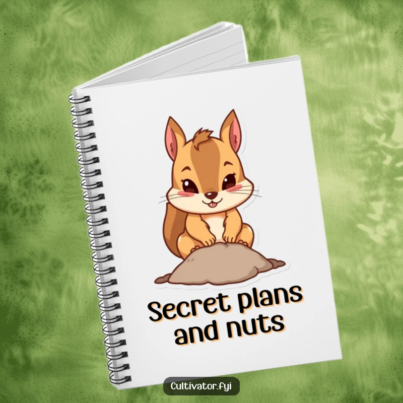 Funny squirrel notebook with a determined squirrel digging, ideal for creative notes and humorous journaling.