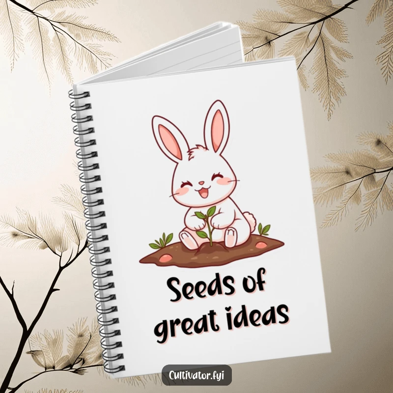 Funny cheerful rabbit planting a tiny seed with a big smile notebook, ideal for jotting down garden plans.