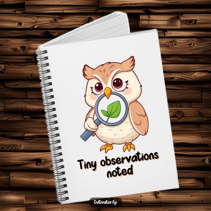 Funny owl notebook cover, featuring an owl using a magnifying glass on a leaf, perfect for journaling.
