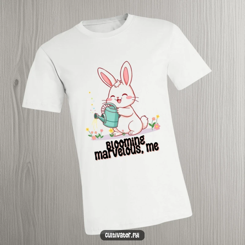 Funny Bunny T-Shirt: Cheerful bunny with a watering can happily sprinkles tiny flowers, spreading garden joy.