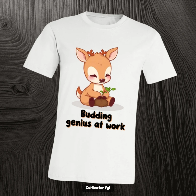 Funny perky deer t-shirt, carefully nurturing a sprouting seedling with its paws, a heartwarming depiction of nature's gentle care.