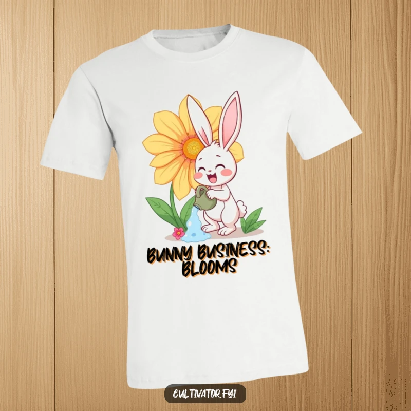 Funny t-shirt featuring a happy bunny character enthusiastically watering a huge, colorful flower, celebrating gardening joy.