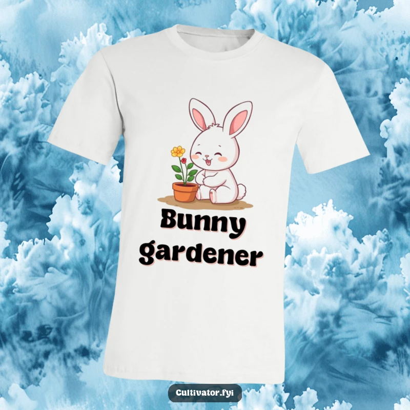 Funny t-shirt showcasing a smiling bunny character lovingly tending a tiny, vibrant potted plant, celebrating nature's small wonders.