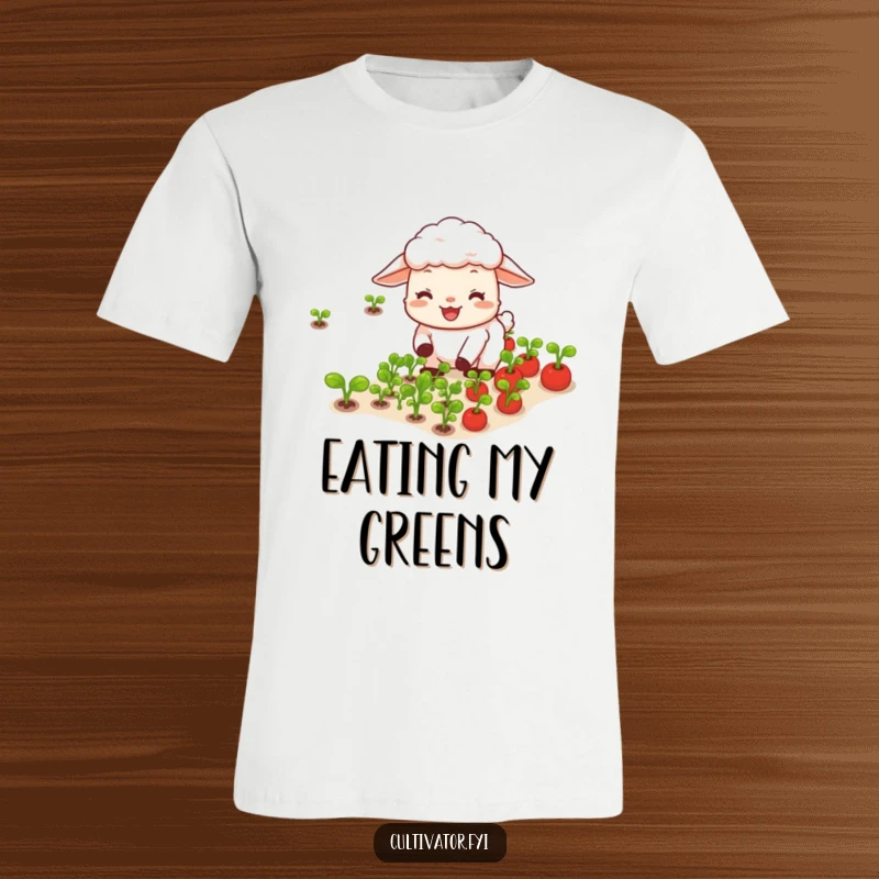 Funny happy sheep joyfully tending rows of tiny vegetables t-shirt, radiating farm-fresh happiness.