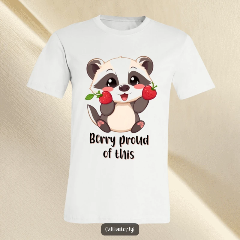 Funny t-shirt showing a playful badger proudly displaying a freshly picked berry, celebrating nature's small victories.