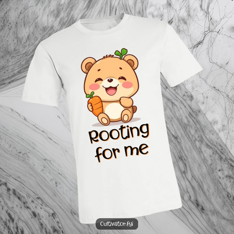 Funny t-shirt, joyful bear character proudly displaying a small carrot, adorable animal graphic, humorous veggie lover apparel.