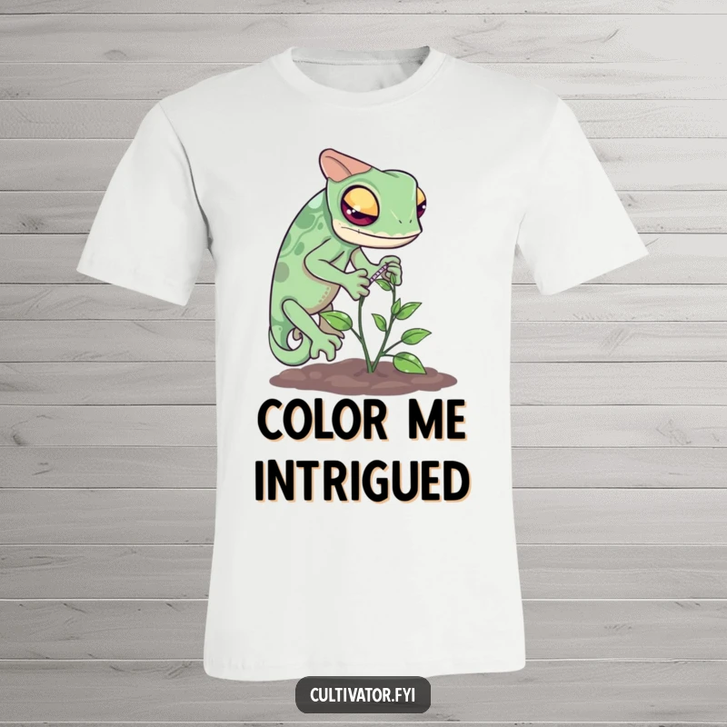 Funny chameleon t-shirt depicting a curious reptile carefully measuring the progress of a small vine.