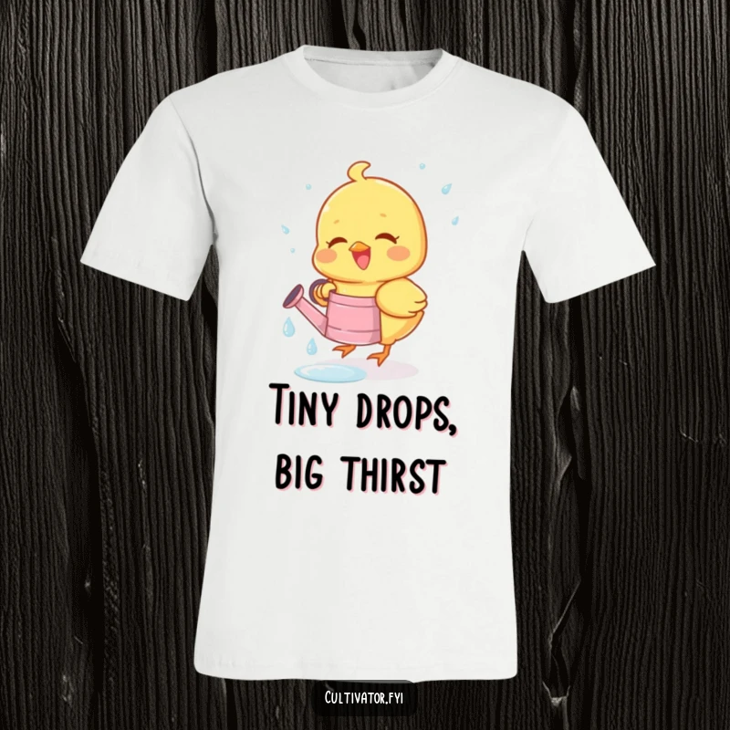 Funny t-shirt showing a joyous chick happily collecting dewdrops in a tiny watering can, celebrating spring and cuteness.