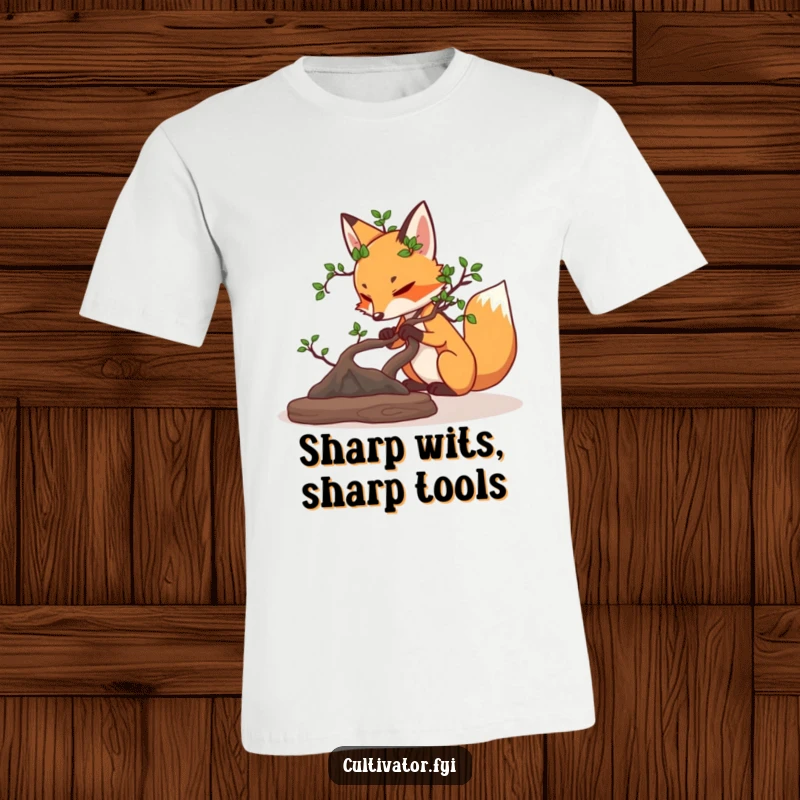 Funny determined fox carefully pruning a miniature bonsai tree t-shirt, embodying focus and artistic skill.