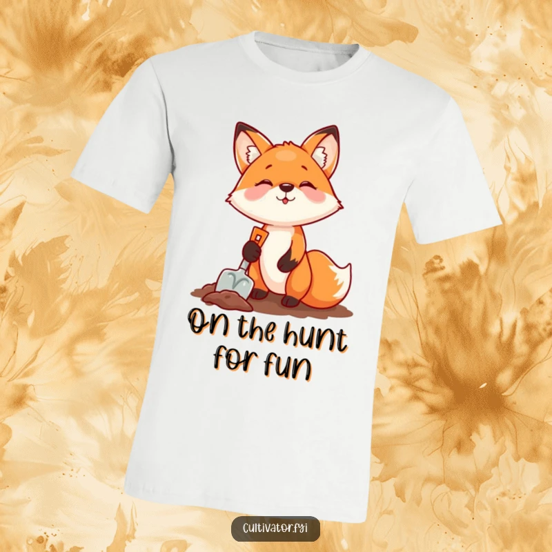 Funny fox digging with a small shovel on a t-shirt, a humorous and energetic gift for diggers.