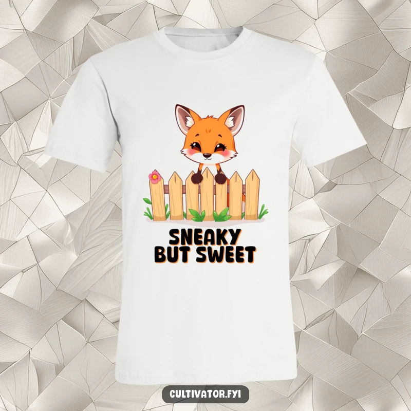 Funny t-shirt with a curious fox's head peeking over a small garden fence, conveying excitement and playful mischief.