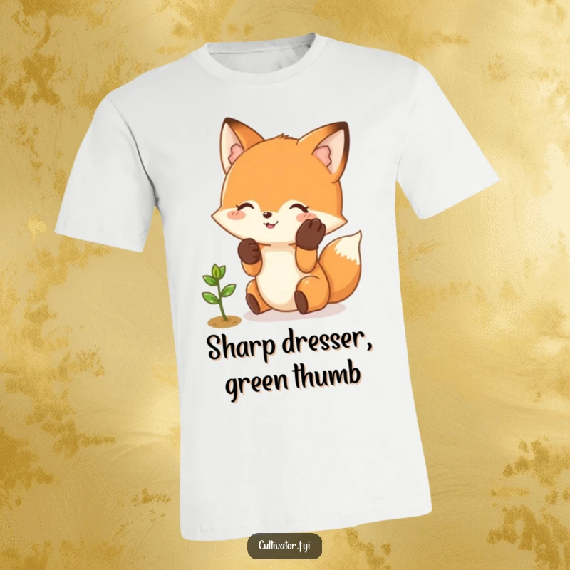 Funny Fox T-Shirt: Happy fox with gardening gloves gently tending to a tiny sprout with a smile.