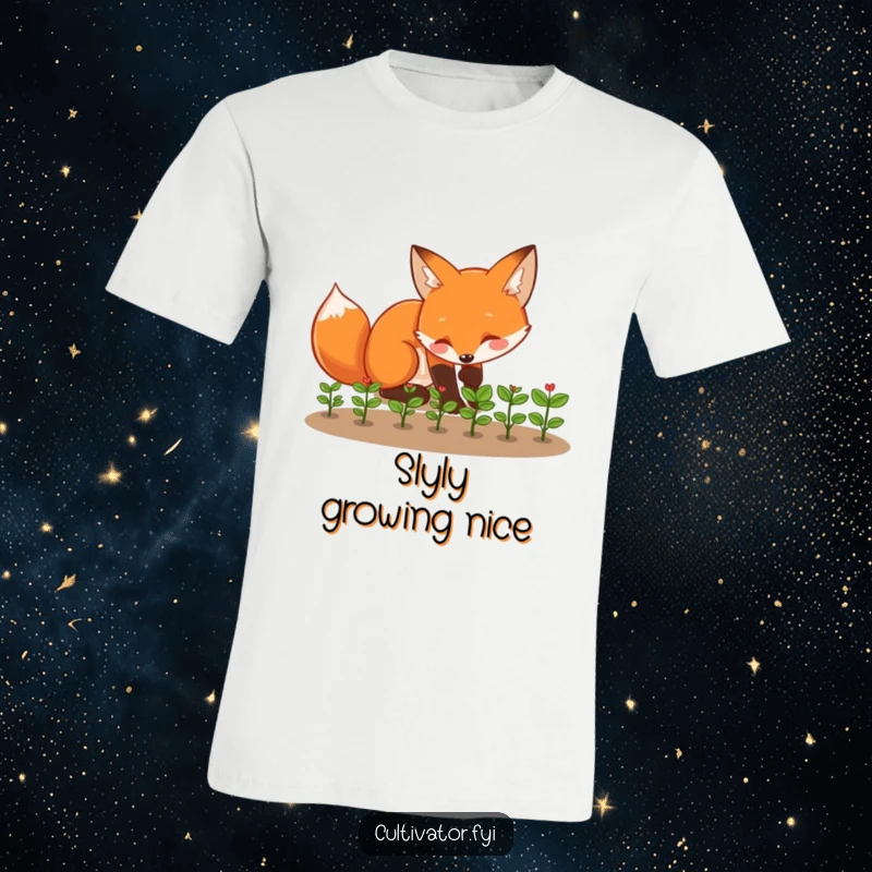 Funny fox t-shirt featuring a playful fox tending to tiny seedlings with enthusiasm, a fantastic funny gift.
