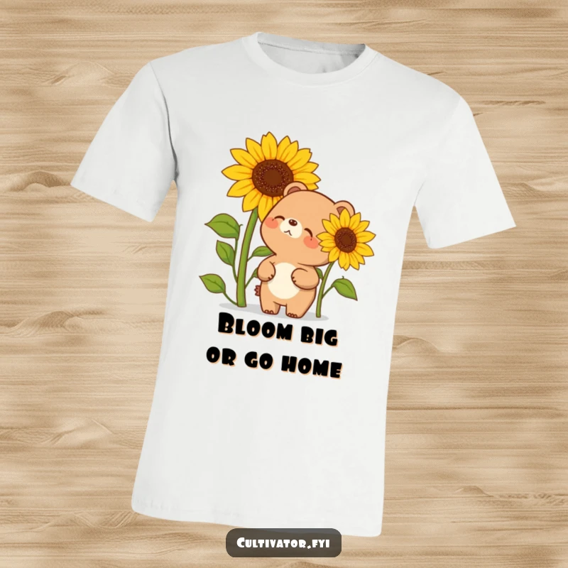 Funny t-shirt depicting a joyful cartoon bear with a big grin, admiring a sunflower that dwarfs its own height in a sunny field.