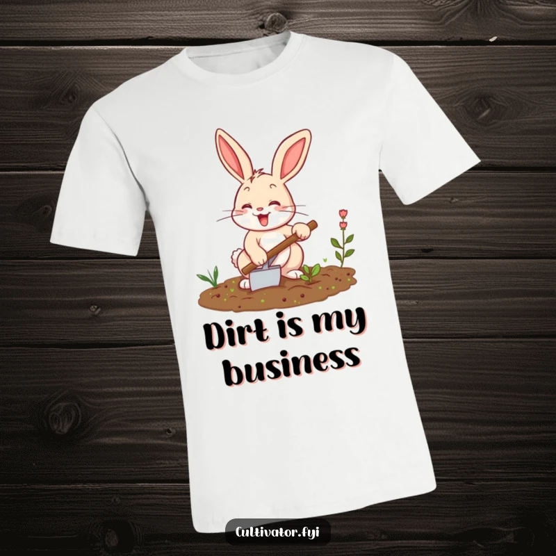 Funny bunny t-shirt, excitedly tilling a small garden with a trowel, symbolizing joy in cultivation and earthy endeavors.