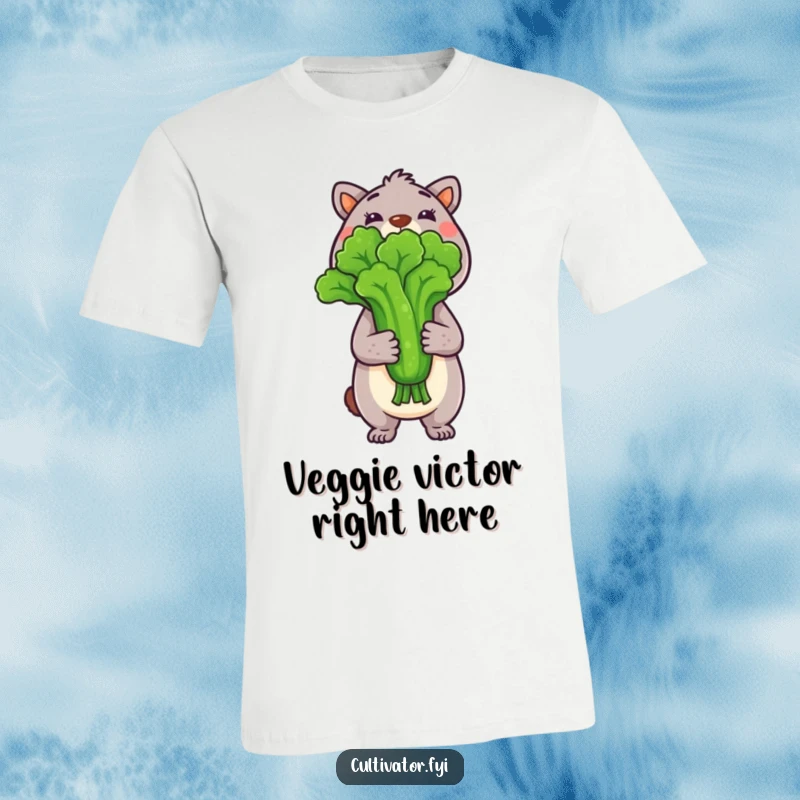 Funny T-Shirt with an animal character proudly presenting a freshly harvested vegetable, embodying the joy of accomplishment.