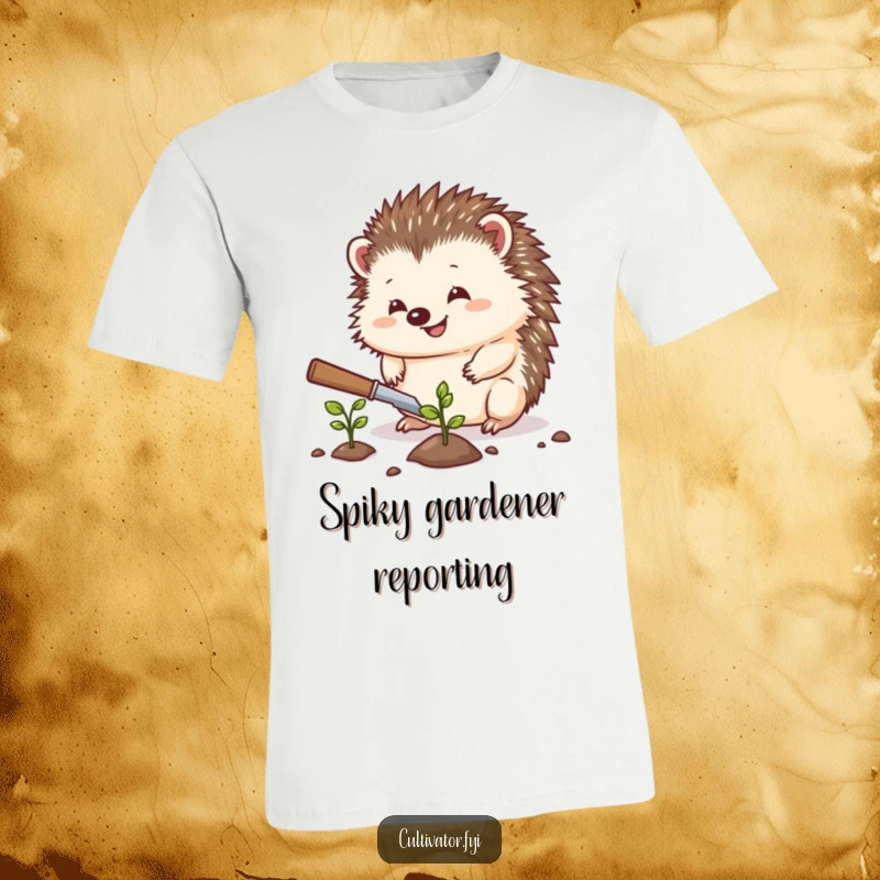 Funny hedgehog t-shirt, a hedgehog using a trowel to plant a seed, humorous nature illustration, adorable and funny design, excellent funny gift.