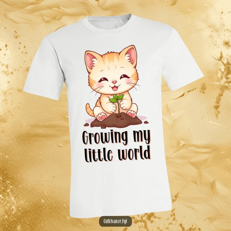 Funny smiling kitten planting a tiny seed, featured on a t-shirt, a humorous and cute gift for gardeners.