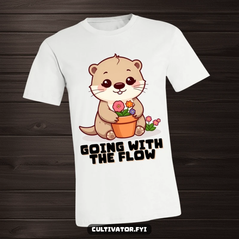 Funny otter t-shirt featuring a happy otter carefully nurturing a vibrant flower pot, embodying cheerful gardening.