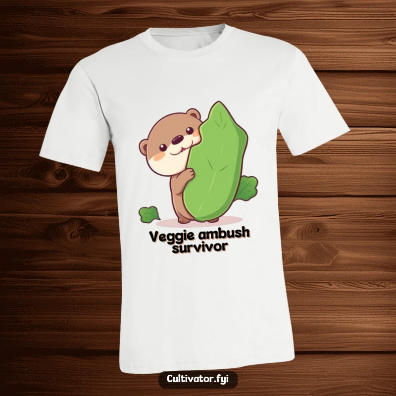 Funny t-shirt, curious otter character peeking from behind a huge leafy vegetable, playful animal graphic, humorous apparel gift.
