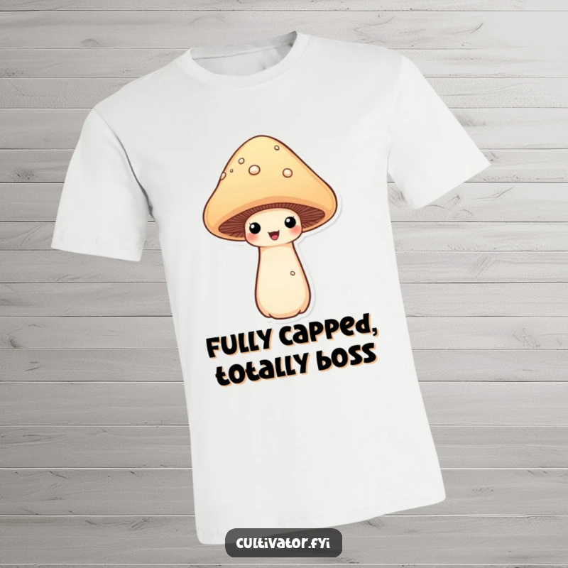 Funny proud mushroom t-shirt with a mushroom beaming as it shows off its large, fully developed mushroom cap, making it a humorous statement.
