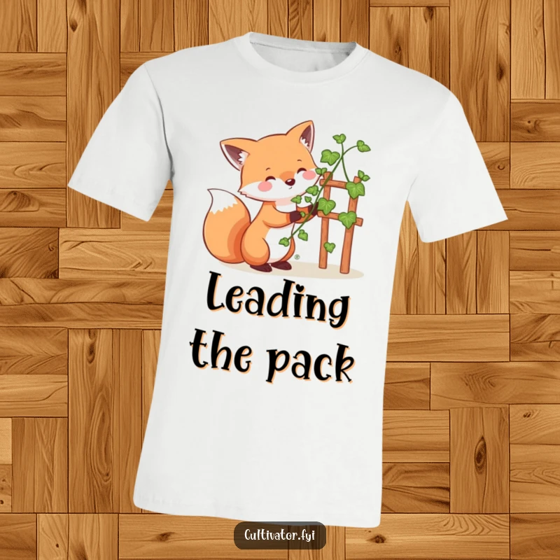 Funny whimsical fox t-shirt, happily guiding a vine up a small trellis, showing teamwork and the joy of nurturing plants.