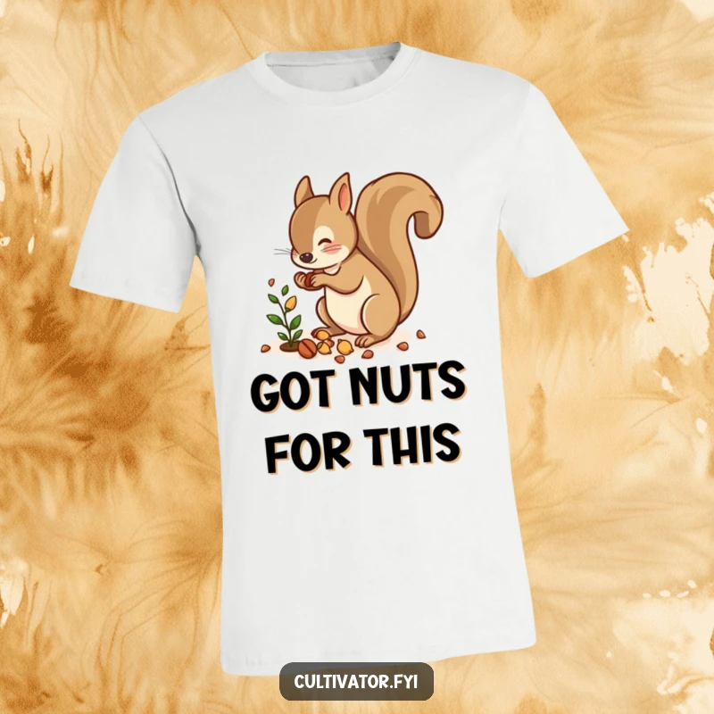 Funny T-shirt depicting a busy squirrel scattering nuts around a small plant, capturing playful woodland chaos.
