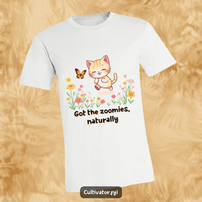 Funny t-shirt depicting a spirited cat mid-chase, playfully trying to catch a delicate butterfly soaring through a dense field of colorful wildflowers.