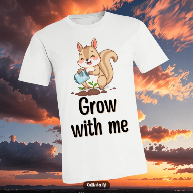 Funny cute squirrel joyfully planting a tiny seed with a watering can, a humorous and charming t-shirt.