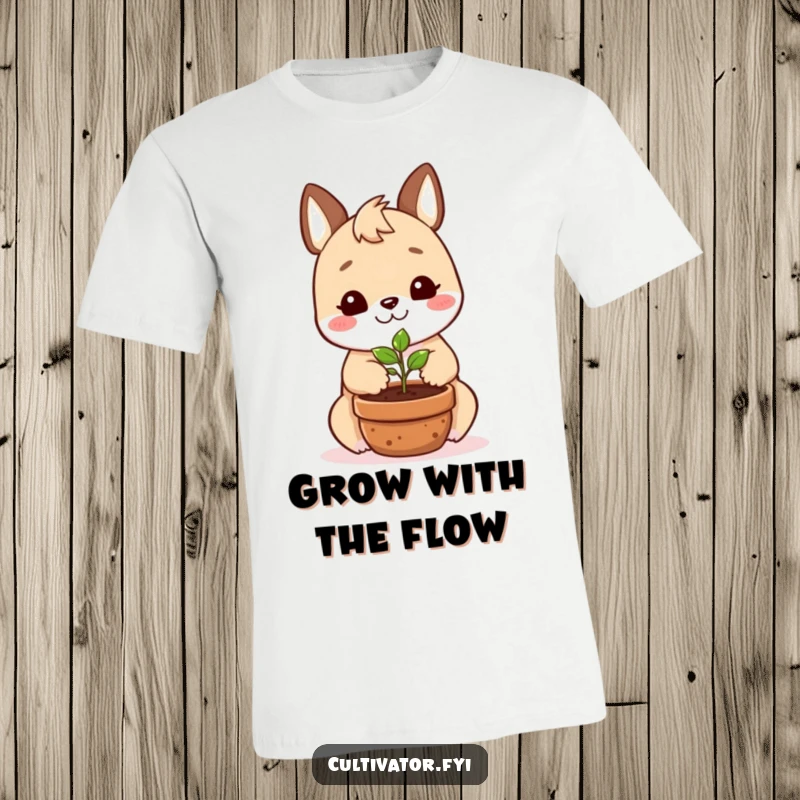 Funny t-shirt with a smiling animal character happily planting a tiny seedling in a pot, showcasing gardening joy.