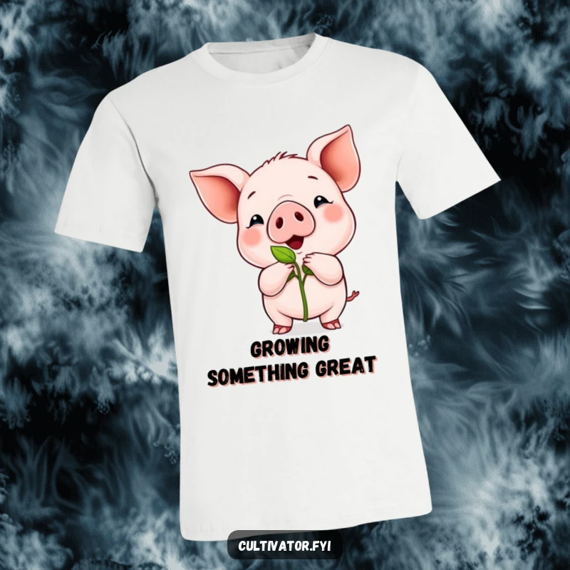 Funny T-shirt featuring a proud piglet proudly presenting a small, vibrant green sprout, symbolizing growth and happiness.