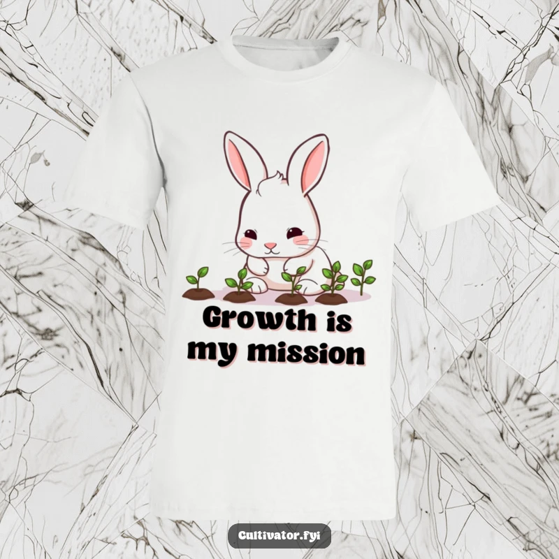 Funny rabbit carefully nurturing seedlings on a t-shirt, a humorous and charming gift for gardeners.