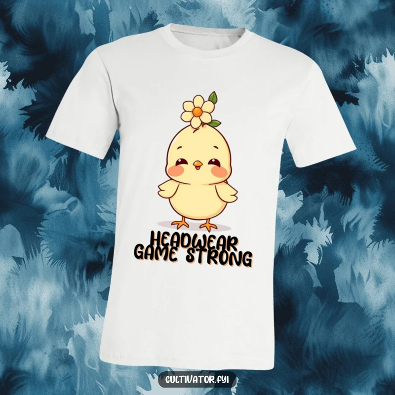 Funny t-shirt, happy chick balancing a blooming flower on its head, adorable animal graphic, cheerful and humorous apparel.