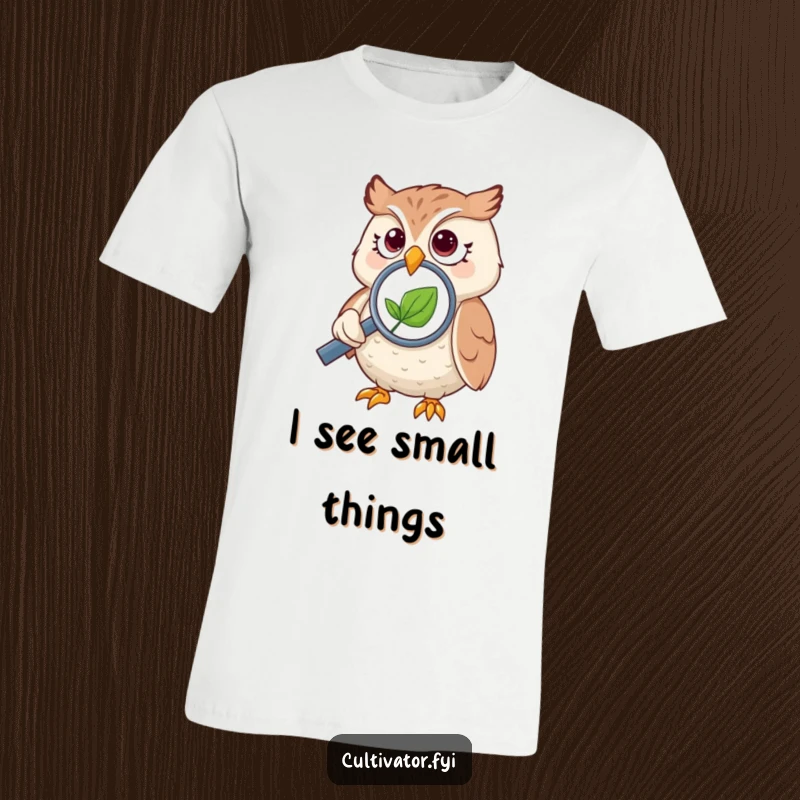 Funny owl t-shirt, depicted with a magnifying glass examining a minuscule leaf, highlighting observational skills.