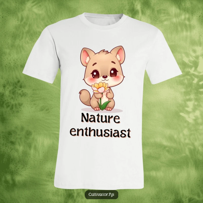 Funny T-Shirt with a curious animal character intently observing a blossoming flower, embodying a spirit of wonder and joy.