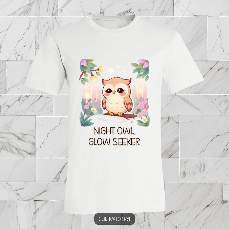 Funny t-shirt illustrating a serene owl perched peacefully amidst glowing fireflies in a lush garden setting under a starry night.