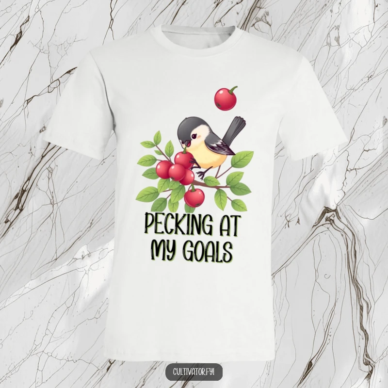 Funny chickadee t-shirt, a perky chickadee pecking a berry, vibrant wildlife illustration, humorous bird design, excellent funny gift.