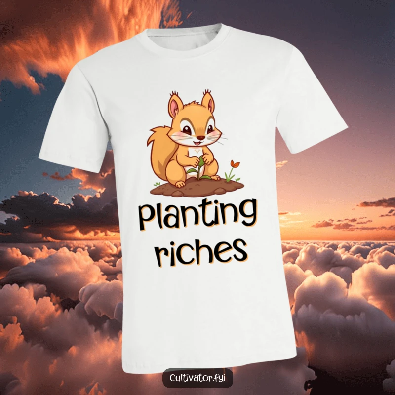 Funny t-shirt showing a determined squirrel character carefully planting a seed with its small paws, great for gardeners.