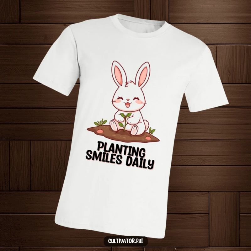 Funny cheerful rabbit planting a tiny seed with a big smile t-shirt, radiating happiness and green thumb vibes.