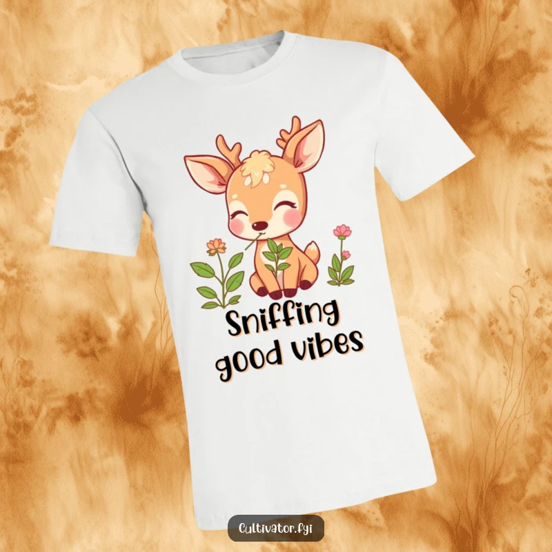 Funny Deer T-Shirt: Ecstatic deer with eyes closed, deeply inhaling a fragrant herb, a comical and serene design.