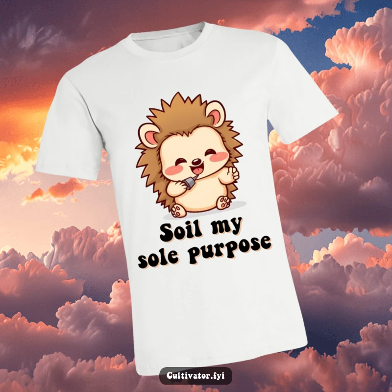 Funny T-shirt showcasing a delighted hedgehog character humorously digging with gusto in rich soil, capturing funny garden enthusiasm.