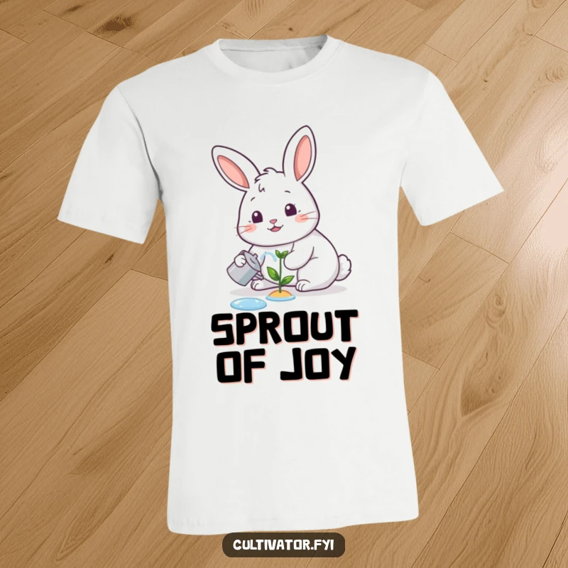 Funny t-shirt, happy rabbit watering a tiny sprout with a cheerful expression, humorous garden apparel.