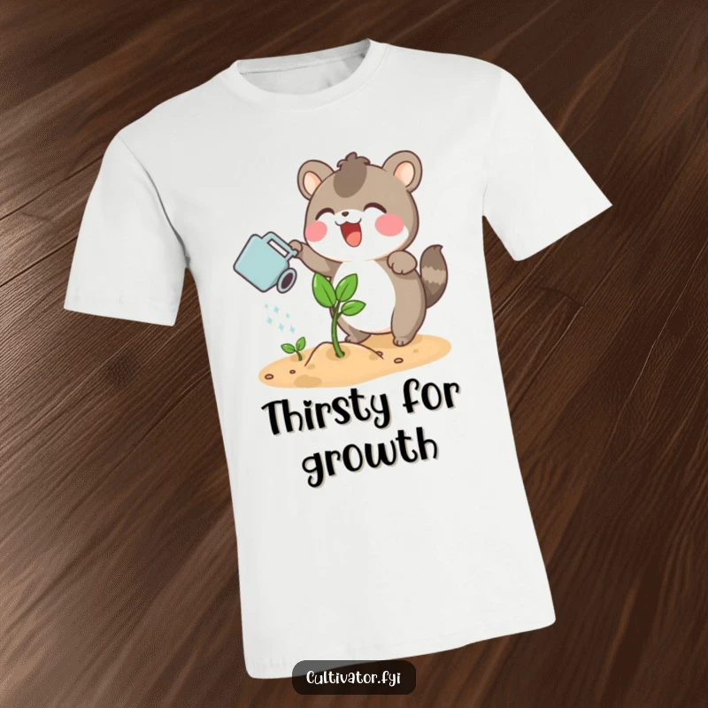 Funny t-shirt with an excited animal character watering a sprouting plant with a small watering can, highlighting plant care.